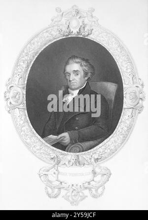 Noah Webster (1758-1843) sur gravure des années 1800 Lexicographe américain, pionnier des manuels scolaires, réformateur d'orthographe, écrivain politique, éditeur et prolif Banque D'Images