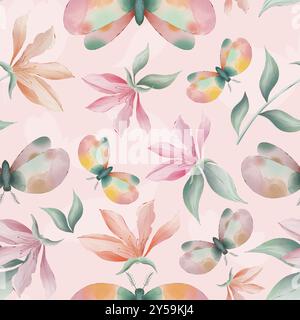 Fleurs de Magnolia et mites sur fond rose aquarelle peinture, motif de répétition sans couture Banque D'Images