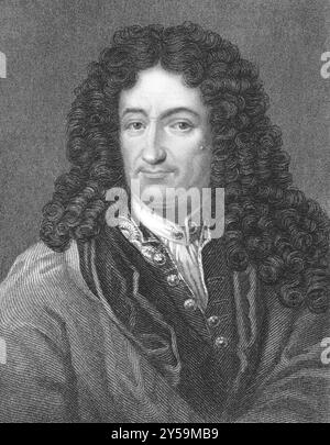 Gottfried Leibniz (1646-1716) sur gravure des années 1800 Philosophe allemand, polymathe et mathématicien. Gravé par B. Holl et publié à Londres Banque D'Images