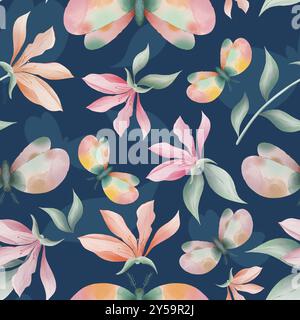Fleurs et mites de Magnolia sur fond bleu foncé aquarelle, motif de répétition sans couture Banque D'Images