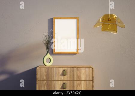 Buffets en bois avec cadre photo vide et lampe murale suspendue, maquette, 3D illustrations Banque D'Images