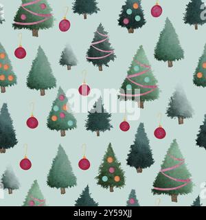 Arbres de Noël verts avec des boules rouges aquarelle peinture sans couture illustration de conception de modèle sur fond turquoise Banque D'Images