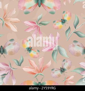 Fleurs de Magnolia et mites sur fond rose aquarelle peinture, motif de répétition sans couture Banque D'Images