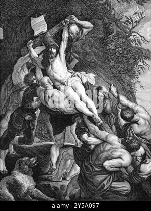 La Crucifixion de Jésus sur gravure de 1840. Dessiné par F. Felsing d'après un tableau de Rubens gravé par J. Klaus Banque D'Images
