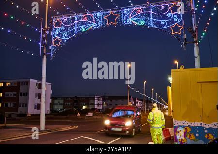 Illuminations Blackpool automne 2024. Lumières point de don sur la promenade Banque D'Images