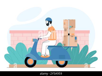 Coursier à scooter. L'homme porte deux boîtes en carton. Commerce électronique et achats en ligne. Expédition, logistique et transport. Illustration vectorielle linéaire Illustration de Vecteur