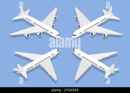 Ensemble de plans isométriques. Avions blancs avec différents angles de vue. Transport aérien, compagnie aérienne. Voyages, vols, voyages et tourisme. Collection vectorielle 3D. Illustration de Vecteur