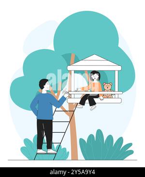 Fille dans la maison dans l'arbre. L'homme monte les escaliers jusqu'à sa fille. Maison de jeu en plein air pour les enfants. Mode de vie actif et loisirs dans le jardin. Vecteur linéaire Illustration de Vecteur