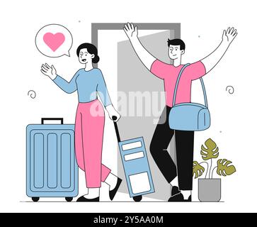 Les voyageurs rentrent chez eux. Homme et femme avec des bagages debout près de l'entrée de l'appartement. Fin de vacances et vacances. Touristes rentrés à la maison. Linéaire Illustration de Vecteur