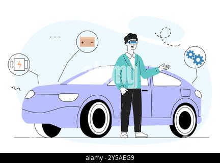 Outils virtuels d'assemblage de voiture. L'homme dans les lunettes de réalité virtuelle évalue l'état des pièces de voiture. Moteur et batterie. Transport et automobile. Linéaire Illustration de Vecteur