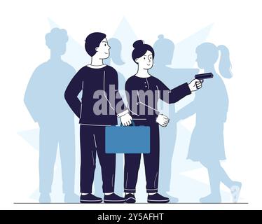 Équipe d'agents secrets. Homme et femme en vêtements noirs avec pistolet avec silencieux. Vie privée et secrets. Sécurité et garde, protection. Vecteur linéaire Illustration de Vecteur