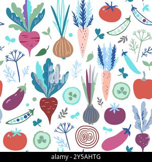 Modèle sans couture avec des légumes doodle colorés. Illustration vectorielle tendance moderne mignonne. Illustration de Vecteur