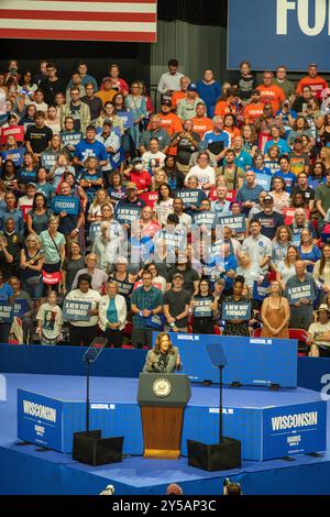 Photographies d'un rassemblement de campagne présidentielle pour le vice-président Kamala Harris, tenu à alliant Energy Center, Madison, Wisconsin, le 20 septembre 2024. Banque D'Images