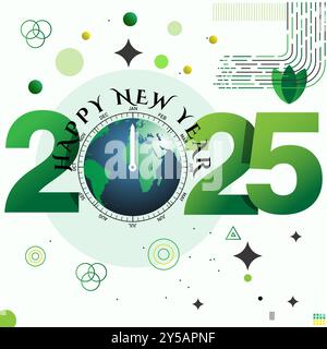 Célébration de la bonne année 2025 avec Earth Design.une célébration de la bonne année 2025 sur le thème vert mettant en vedette la Terre, symbolisant le renouveau et l'unité mondiale Illustration de Vecteur