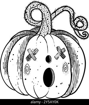 Une illustration délicieuse et originale d'une citrouille ornée de tentacules, idéale pour célébrer les festivités d'Halloween. Graphiques vectoriels dessinés à la main pour la conception d'un site Web, articles, livret, flyer, e-pack, étiquette ou publicité. Illustration de Vecteur