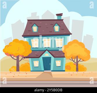 Paysage d'automne avec maison mignonne près de la route, maison dans la banlieue de grande sity. Quartier de banlieue en automne. Illustration de Vecteur