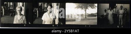Une série d'images capturant des moments quotidiens du passé, avec des portraits de deux femmes sur un porche, une scène de rue sereine avec des palmiers, et un groupe de famille ou d'amis debout ensemble devant une maison. Ces clichés francs reflètent la vie dans un quartier calme, probablement à partir du milieu du XXe siècle. Banque D'Images