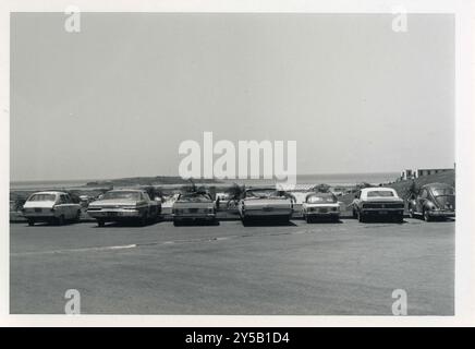 Une ligne de voitures anciennes stationnées le long d’un front de mer, possiblement dans les années 1960, avec une vue dégagée sur l’océan au loin. Banque D'Images