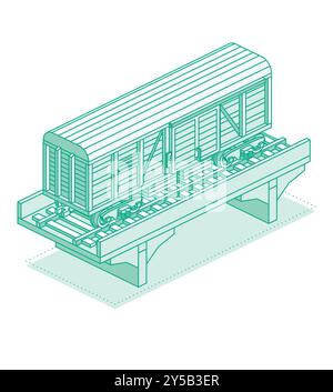 Wagon de marchandises isométrique sur pont. Objet isolé sur fond blanc. Chemin de fer. Illustration vectorielle. Wagon sur rails. Wagon de marchandises. Illustration de Vecteur