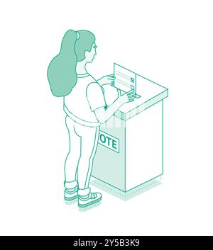 Bannière de l'élection présidentielle. Une jeune femme dépose un bulletin de vote dans une urne d'un bureau de vote. Concept de contour isométrique. Illustration vectorielle. Femelle Illustration de Vecteur
