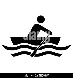 Une illustration simple de la silhouette d'une personne ramant un bateau sur les vagues d'eau, parfait pour représenter les sports aquatiques et les activités de plein air. Illustration de Vecteur