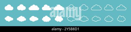 Illustration vectorielle de l'ensemble de nuages. Collection Clouds style plat et contour. Ensemble nuageux blanc isolé sur fond bleu. Icônes de nuages blancs. Illustration de Vecteur
