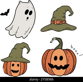 Symboles traditionnels d'Halloween : fantômes, chat fantôme, citrouille, chapeau de sorcière, potion, bougies, araignée, toile d'araignée, nuit. Vecteur dessiné isolé sur blanc, doodle Illustration de Vecteur