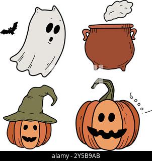 Symboles traditionnels d'Halloween : fantômes, chat fantôme, citrouille, chapeau de sorcière, potion, bougies, araignée, toile d'araignée, nuit. Vecteur dessiné isolé sur blanc, doodle Illustration de Vecteur