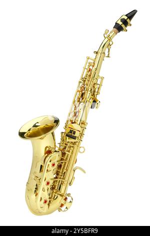Saxophone doré, instrument classique isolé sur fond blanc Banque D'Images