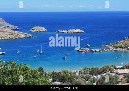 Griechische Inseln. Insel Rhodos, Griechenland. Lindos Beach bzw Bucht. Lindos ist ein bildhaftes Dorf an der Südwestküste von Rhodos. Lindos Hat zwei Beliebte Strände. Beide sind von der Stadt aus einfach zu erreichen. Megali Paralia ist der Hauptstrand, Lindos Pallas ist kleiner. Beide Strände haben feinen Sand, das Wasser ist klar und flach *** Îles grecques Rhodes Island, Grèce Lindos Beach ou Lindos Bay est un village pittoresque sur la côte sud-ouest de Rhodes Lindos a deux plages populaires tous les deux sont facilement accessibles de la ville Megali Paralia est la plage principale, Lindos Pallas est smalle Banque D'Images