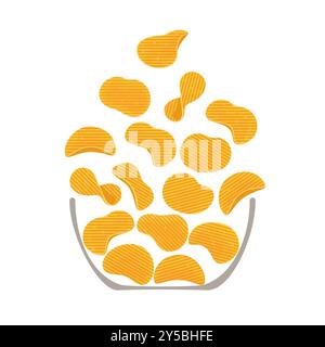 Illustration vectorielle de croustilles ondulées avec des morceaux croustillants et ondulés rebondissant sur un bol en bois. Collations de légumes croustillantes vectorielles ou malbouffe de pomme de terre salée Illustration de Vecteur