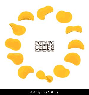 Ensemble d'illustrations vectorielles de croustilles croustillantes plates. Disposés en cercle, des collations séparées Junk food ou des collations de fête rapide isolés sur un chariot blanc Illustration de Vecteur