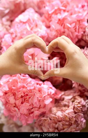 Woman's hands shaping coeur en face de fleurs rose Banque D'Images