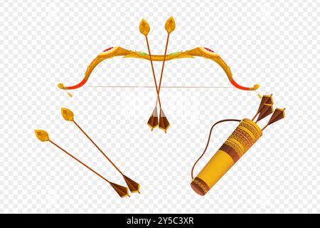 Illustration vectorielle de l'arc décoré d'or et de l'arme de flèche sur fond transparent Illustration de Vecteur