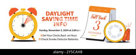 Rappel de bannière d'information sur l'heure d'été. Horloge avec flèches tournantes en arrière d'une heure, date calendrier 3 novembre et détecteur de fumée avec piles. Automne B Illustration de Vecteur