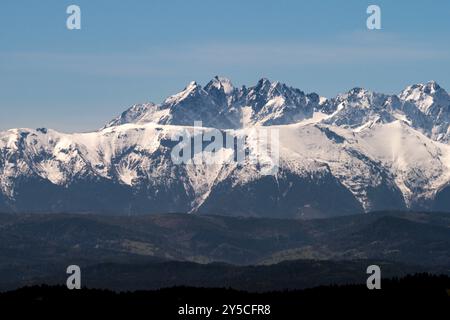 Majestueux sommets de montagne Tatras enneigés sous un ciel bleu clair. Vue imprenable depuis la tour d'observation au sommet de la montagne Koziarz Banque D'Images