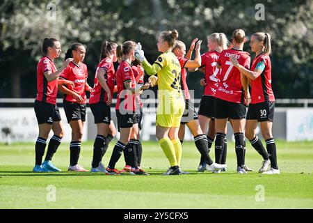 Gand, Belgique. 21 septembre 2024. Les joueuses de l'OHL sur la photo se sont rassemblées avant un match de football féminin entre AA Gent Ladies et Oud Heverlee Leuven Dames lors de la 4ème journée de la saison 2024 - 2025 de la Super League belge Lotto Womens, le samedi 21 septembre 2024 à Gent, BELGIQUE . Crédit : Sportpix/Alamy Live News Banque D'Images