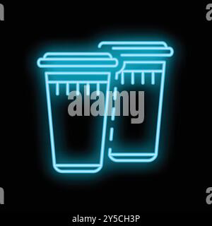 Enseigne néon lumineuse bleue représentant deux gobelets en plastique avec des pailles pour les boissons froides, idéal pour les affaires de bar ou de restaurant Illustration de Vecteur