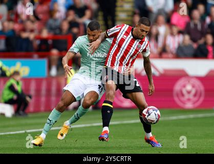 Vinicius Souza de Sheffield United (à gauche) et Kayden Jackson de Derby County se battent pour le ballon lors du Sky Bet Championship match à Bramall Lane, Sheffield. Date de la photo : samedi 21 septembre 2024. Banque D'Images