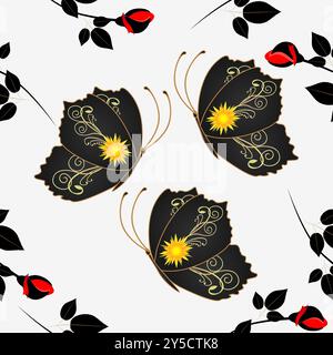 Trois papillons avec des branches de roses sur un fond blanc, motif sans couture. Illustration de Vecteur
