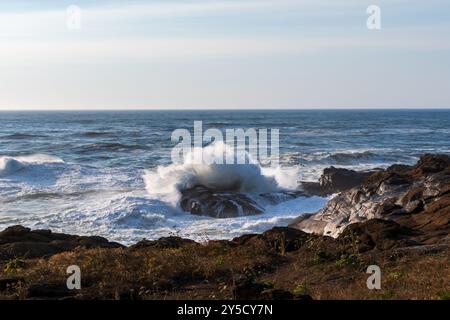 Waves Crashing on Rocks, Boiler Bay State Park, Oregon Coast, États-Unis Banque D'Images
