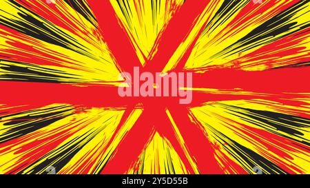 Design éclaté abstrait chaotique avec des stries rouges, jaunes et noires vives rayonnant du centre. Illustration de Vecteur