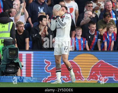 Londres, Royaume-Uni. 21 septembre 2024. Alejandro Garnacho de Manchester United réagit après avoir raté un tir au but lors du match de premier League à Selhurst Park, Londres. Le crédit photo devrait se lire : Paul Terry/Sportimage crédit : Sportimage Ltd/Alamy Live News Banque D'Images