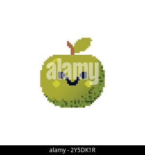 Style art pixel pomme vert souriant. Mignonne pomme pixelisée expression heureuse Illustration de Vecteur