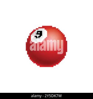 Icône de boule de billard rouge pixelisée. Boule de billard rouge pixel art simple avec le numéro 9. Illustration de Vecteur
