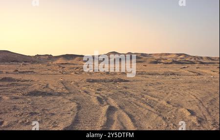 Désert du Sahara avec traces de pneus visibles au coucher du soleil, Egypte. Banque D'Images