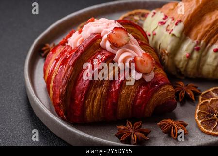 Croissant rouge sucré croustillant à la pistache, à la framboise et à la fraise sur un fond de béton foncé Banque D'Images