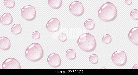 Gouttes de sérum rose, gouttelettes de gel transparentes, liquide brillant réaliste, produit cosmétique hydratant Illustration de Vecteur