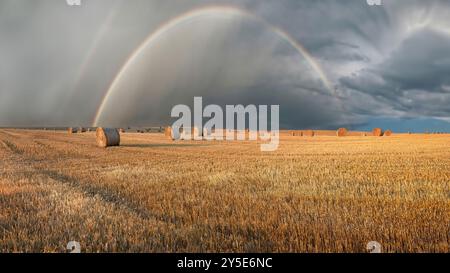 Un arc-en-ciel au-dessus d'un champ de blé avec de grands rouleaux de paille Banque D'Images