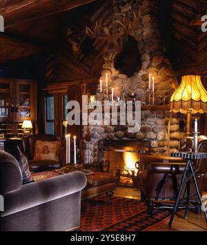 Salon cabine rustique avec cheminée en pierre Banque D'Images